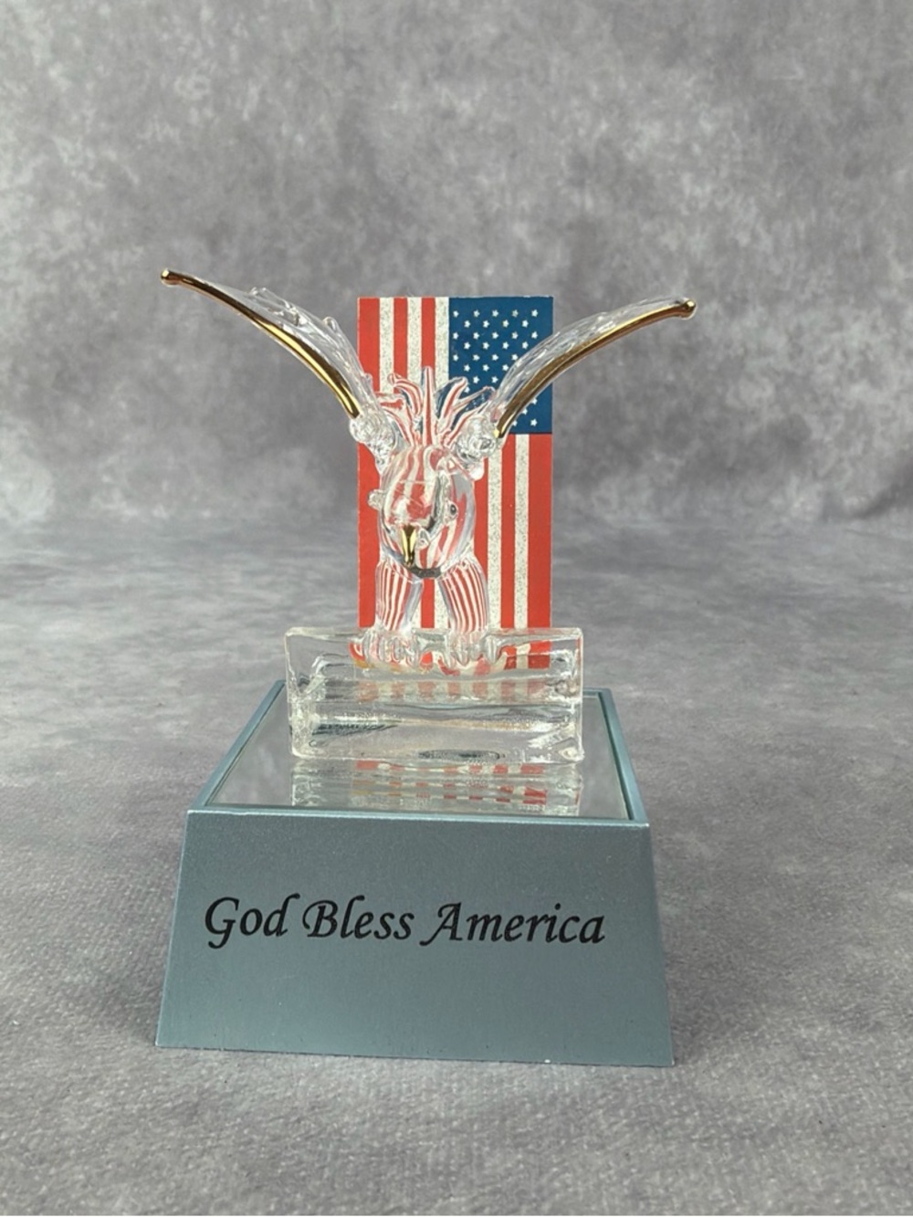 Gold Bless America Eagle Figurine Light Box Red White Blue 22KT Gold Accent